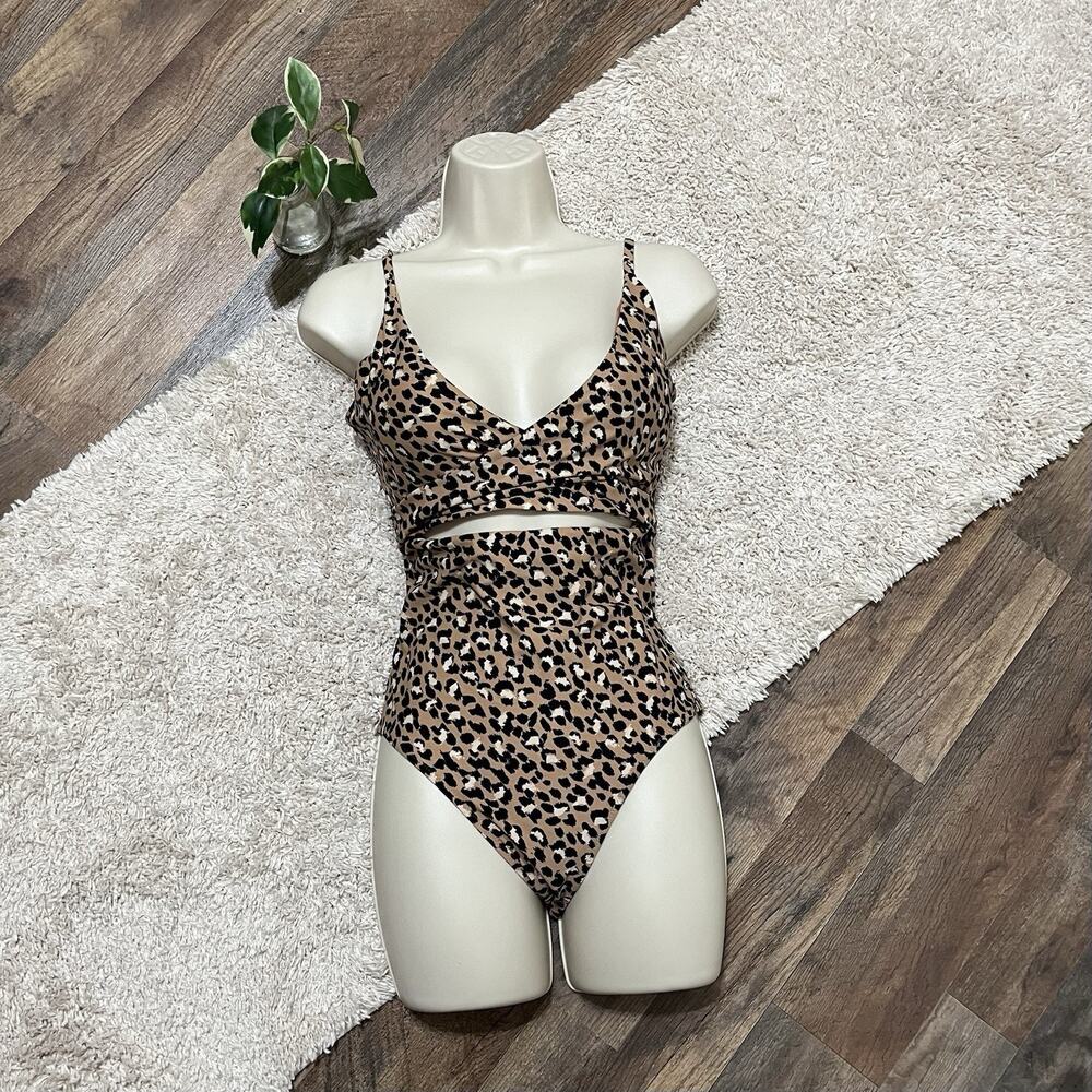 Aerie Medium Long Leopard Wrap Around Cutout One Piece Full Coverage Swimsuit